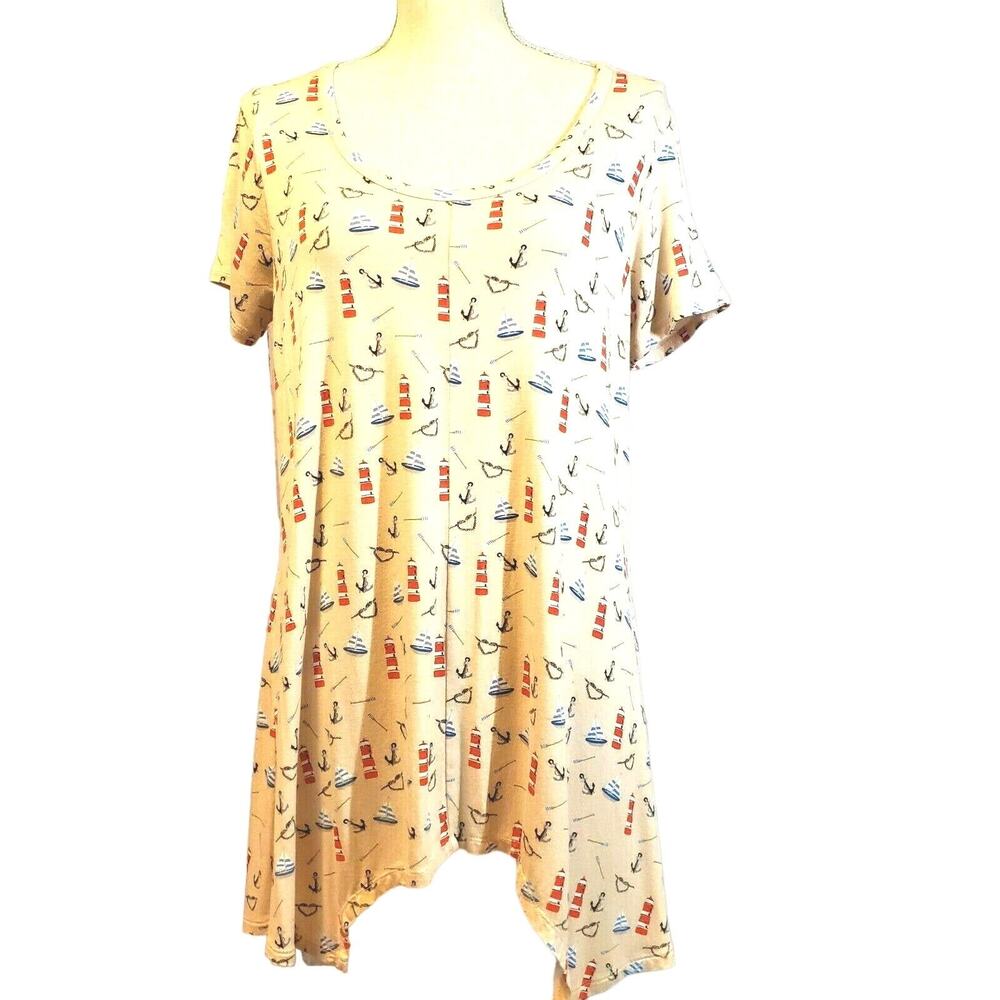 Philosophy Woman Tunic Top Size 0X Nautical Print Light Pink Handkerchief Hem